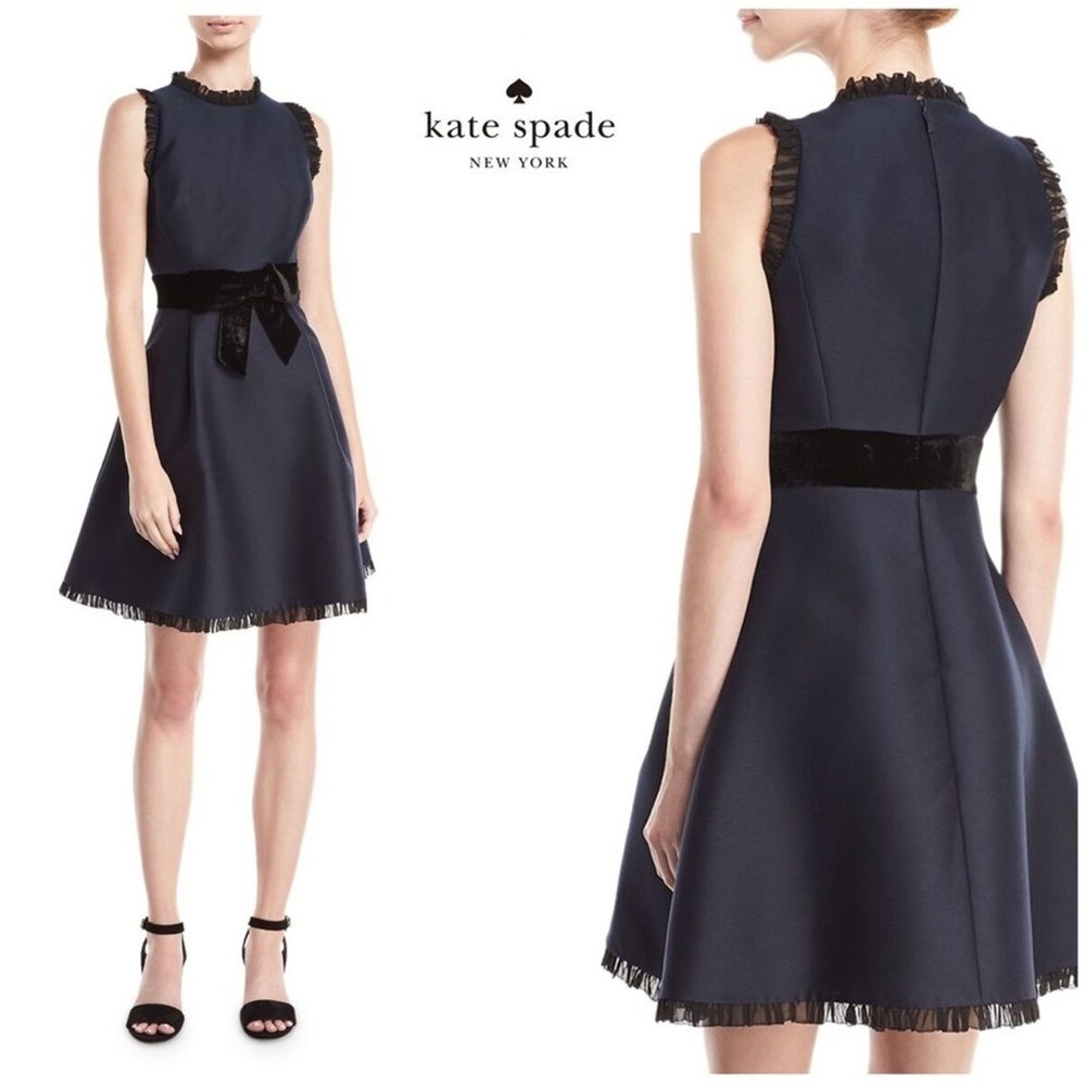 Kate Spade navy velour bow fit and flare dress NWOT